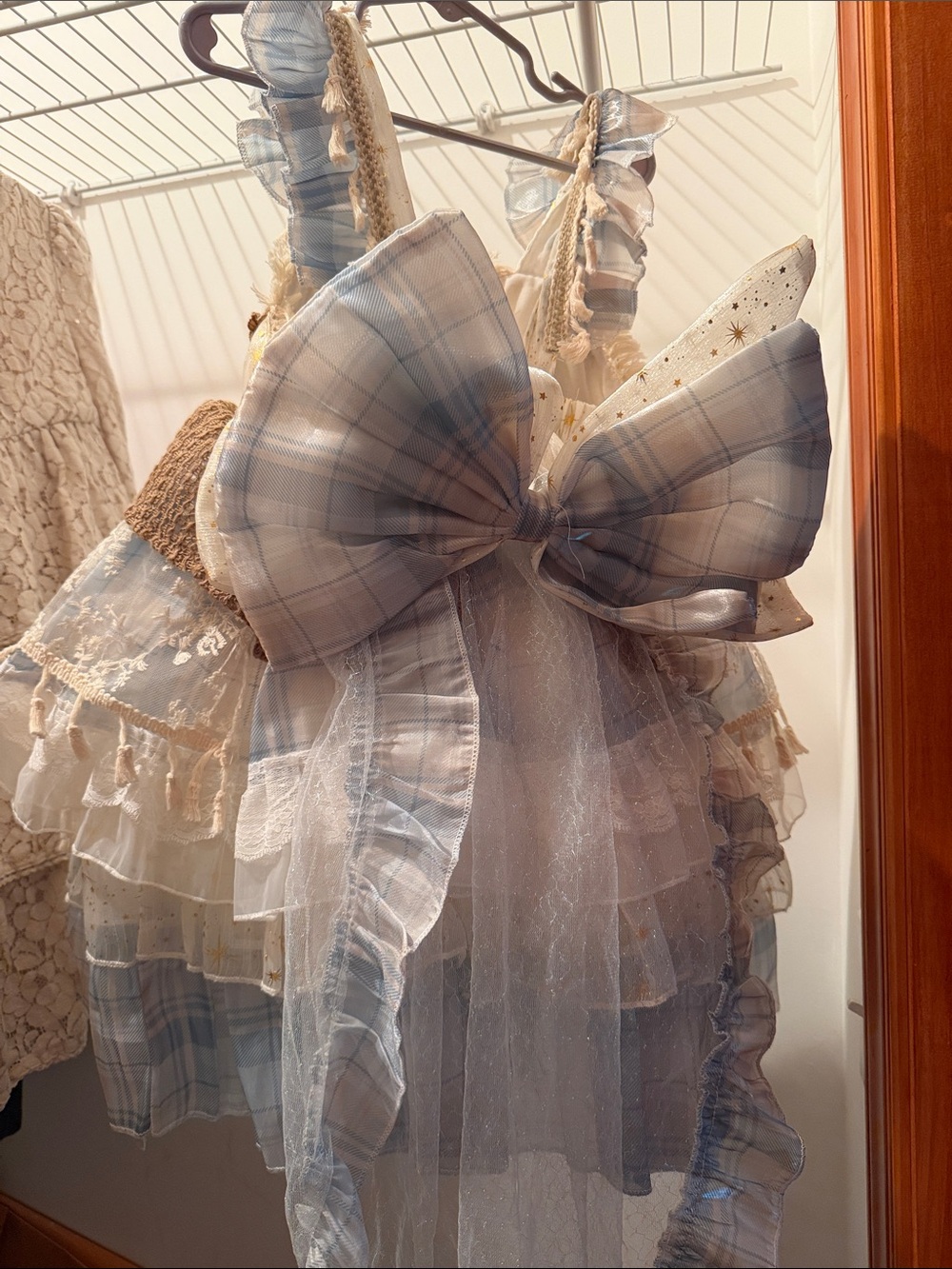 Blue Plaid Bow Ruffled Tulle Dress